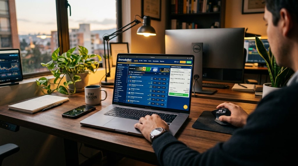 Escritorio con panel de pronósticos deportivos DoradoBet en laptop