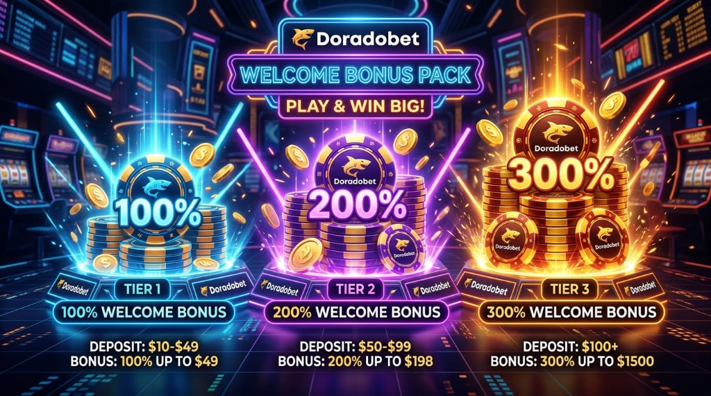 Paquete de bienvenida Doradobet con niveles 100%, 200% y 300%