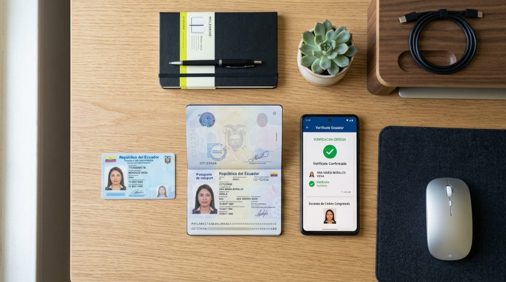 Cédula y pasaporte ecuatorianos junto a verificación exitosa en móvil